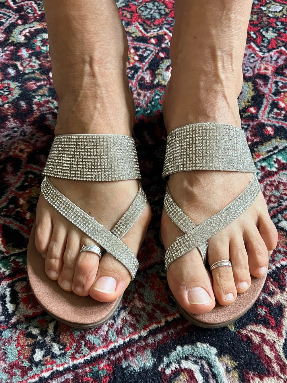 Steve Madden Silver Rhinestone Strappy Flat Sandals